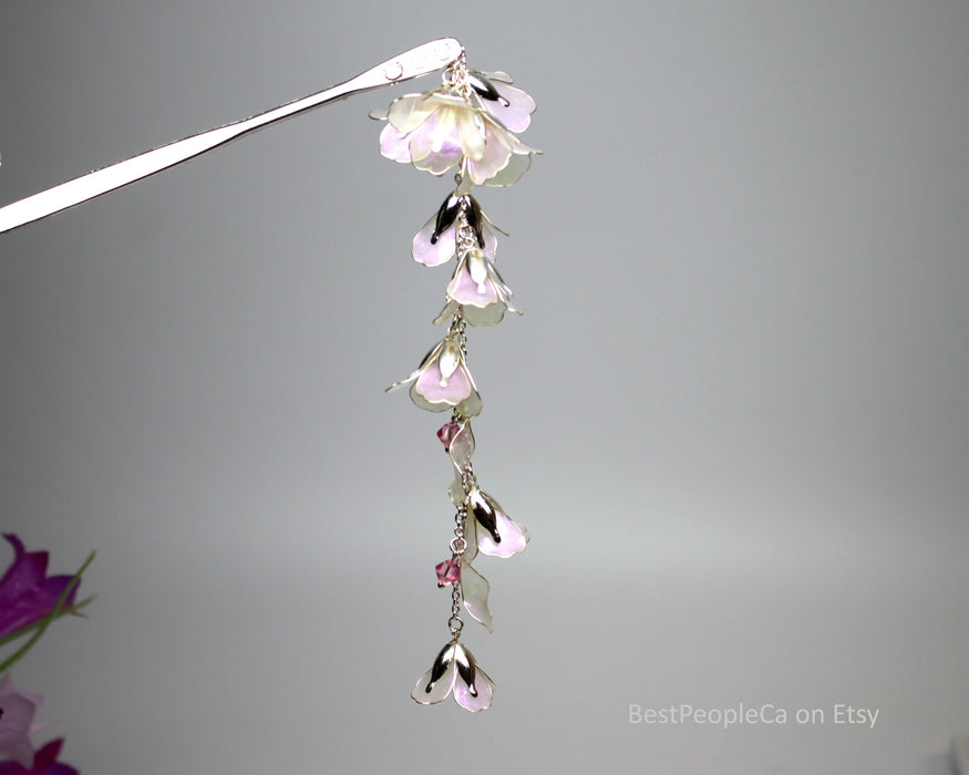 Handmade Hairpin: Iridescent Pink Flowers, Silver Accents