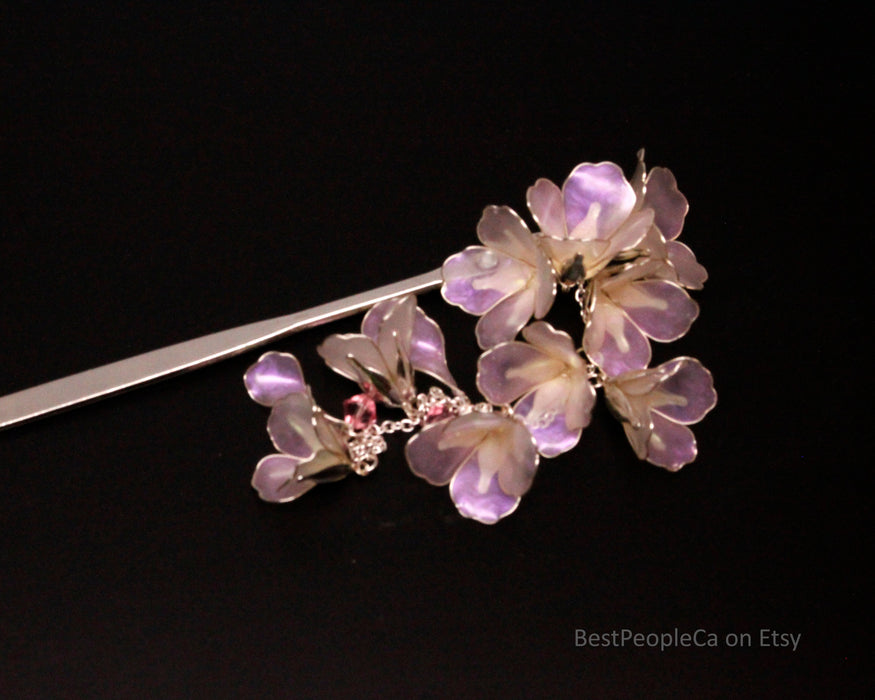 Handmade Hairpin: Iridescent Pink Flowers, Silver Accents