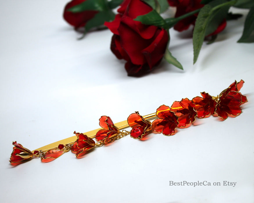Red Resin Flower Hair Stick: Gold Kanzashi Hairpin