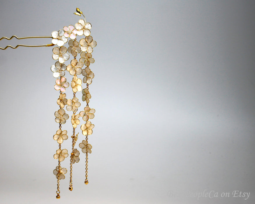 Resin Kanzashi Hair Pin: Forget Me Not Flowers, Pearl Butterfly