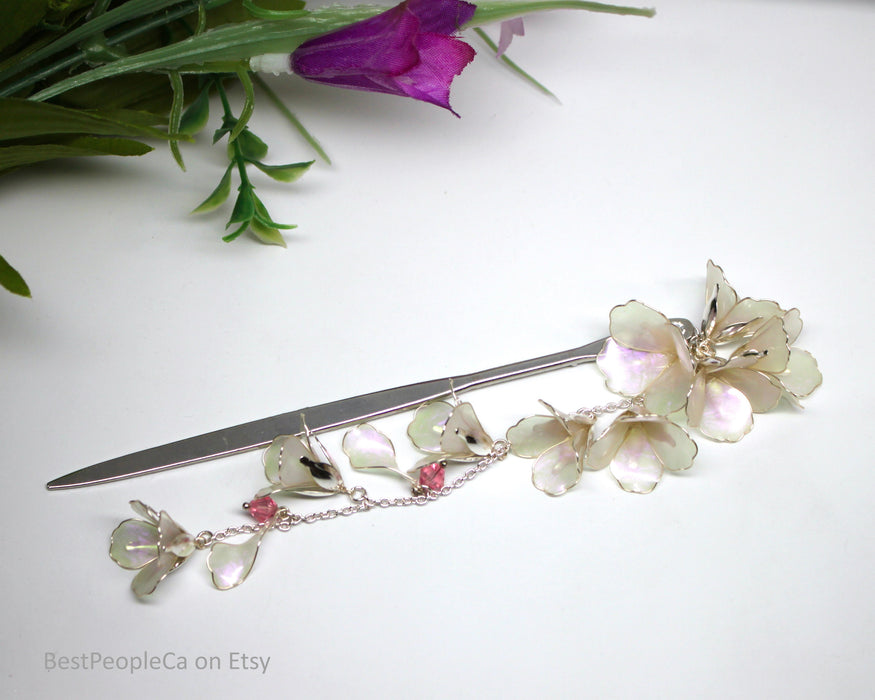 Handmade Hairpin: Iridescent Pink Flowers, Silver Accents