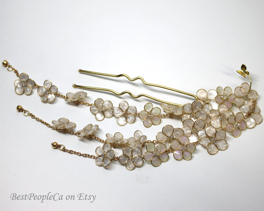 Resin Kanzashi Hair Pin: Forget Me Not Flowers, Pearl Butterfly