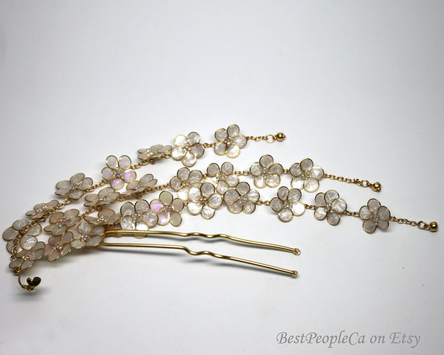 Resin Kanzashi Hair Pin: Forget Me Not Flowers, Pearl Butterfly