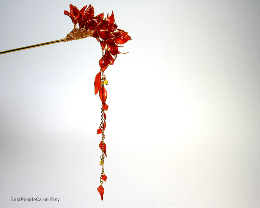 Red Flower Hairpin: Japanese Kanzashi