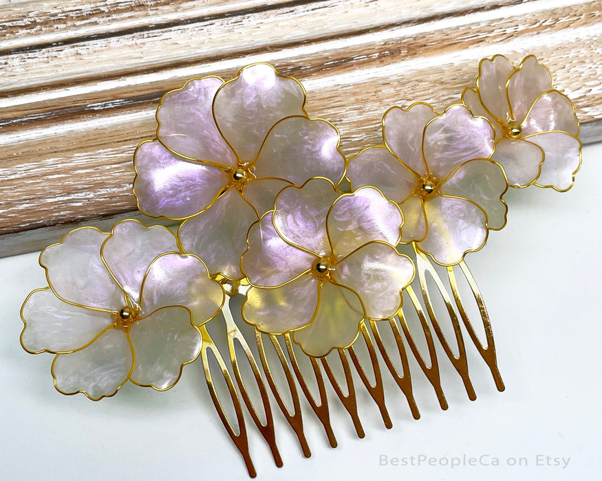 Handmade Iridescent Flower Hair Comb: Gold Wedding Accessory