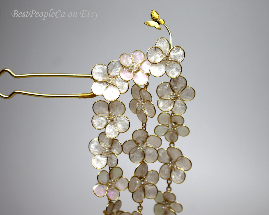 Resin Kanzashi Hair Pin: Forget Me Not Flowers, Pearl Butterfly