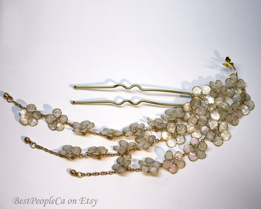 Resin Kanzashi Hair Pin: Forget Me Not Flowers, Pearl Butterfly