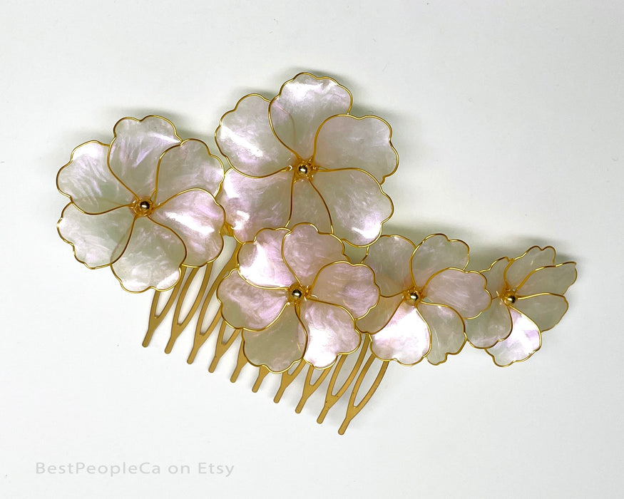 Handmade Iridescent Flower Hair Comb: Gold Wedding Accessory