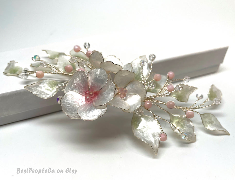 Wedding Hair Comb. Pearl Pink Flower Bridal Hairpiece