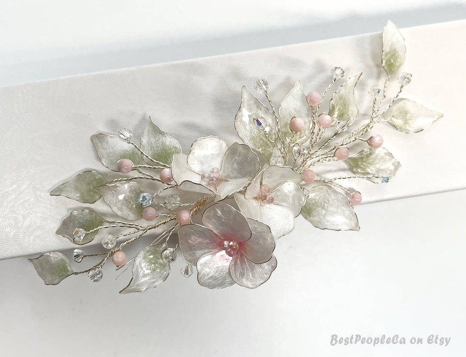 Wedding Hair Comb. Pearl Pink Flower Bridal Hairpiece