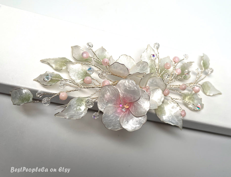 Wedding Hair Comb. Pearl Pink Flower Bridal Hairpiece