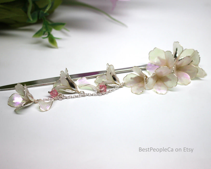 Handmade Hairpin: Iridescent Pink Flowers, Silver Accents