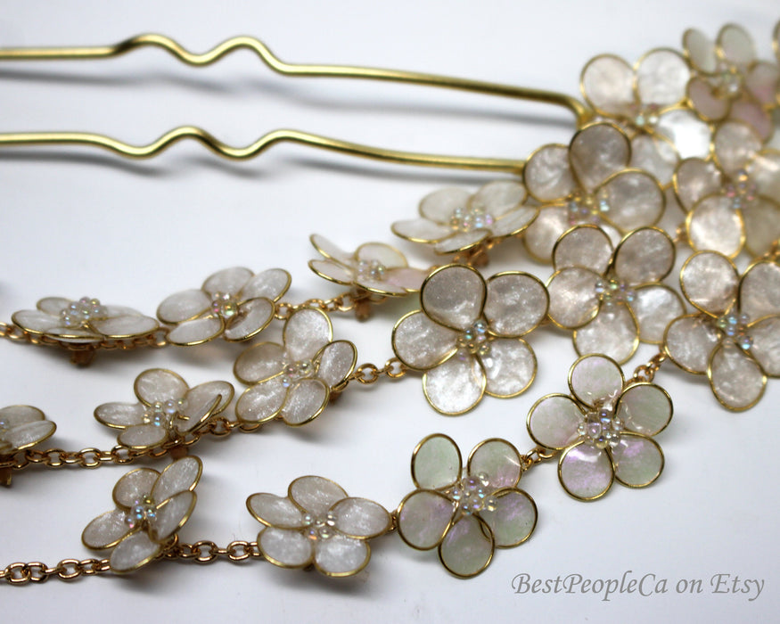 Resin Kanzashi Hair Pin: Forget Me Not Flowers, Pearl Butterfly