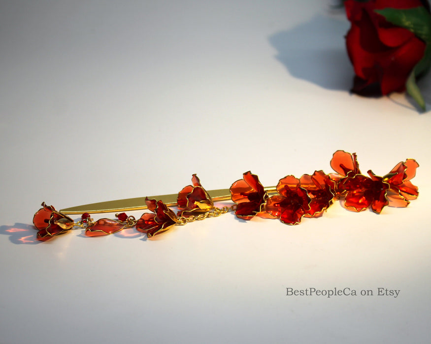 Red Resin Flower Hair Stick: Gold Kanzashi Hairpin