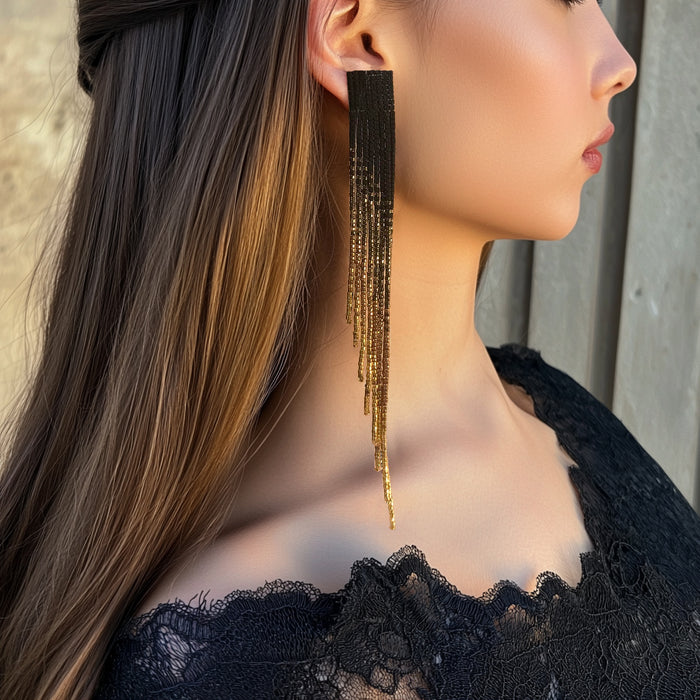 Black and Gold Ombre Beaded Fringe Earrings: Glam Statement Jewelry