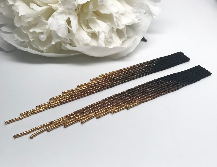 Black and Gold Ombre Beaded Fringe Earrings: Glam Statement Jewelry