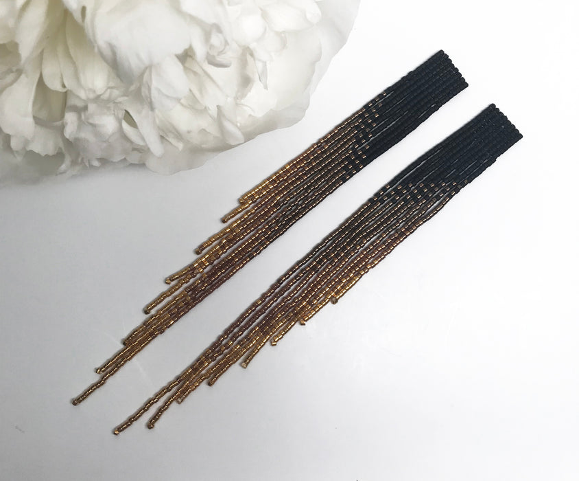 Black and Gold Ombre Beaded Fringe Earrings: Glam Statement Jewelry