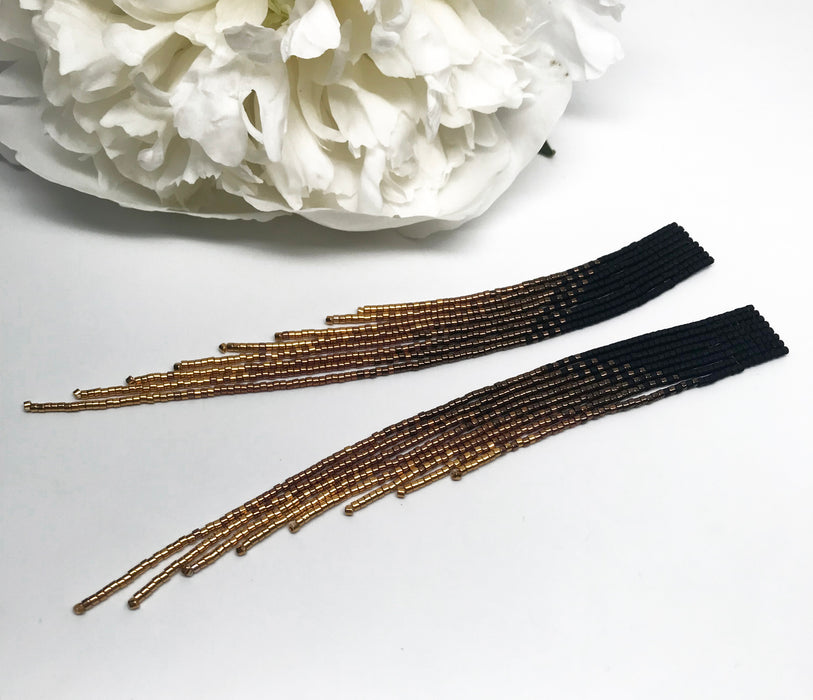 Black and Gold Ombre Beaded Fringe Earrings: Glam Statement Jewelry