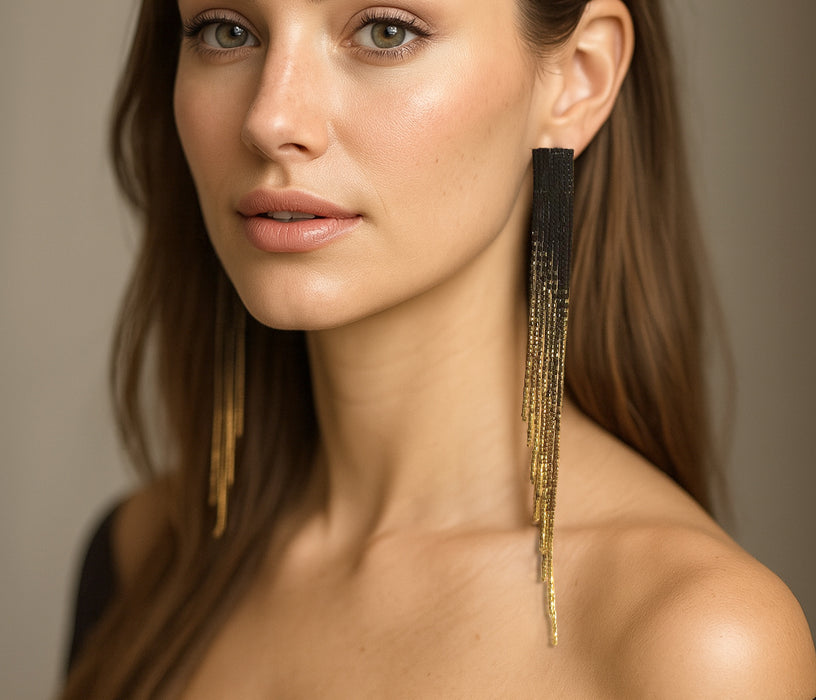 Black and Gold Ombre Beaded Fringe Earrings: Glam Statement Jewelry