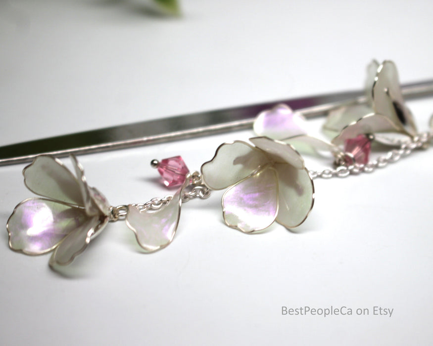 Handmade Hairpin: Iridescent Pink Flowers, Silver Accents