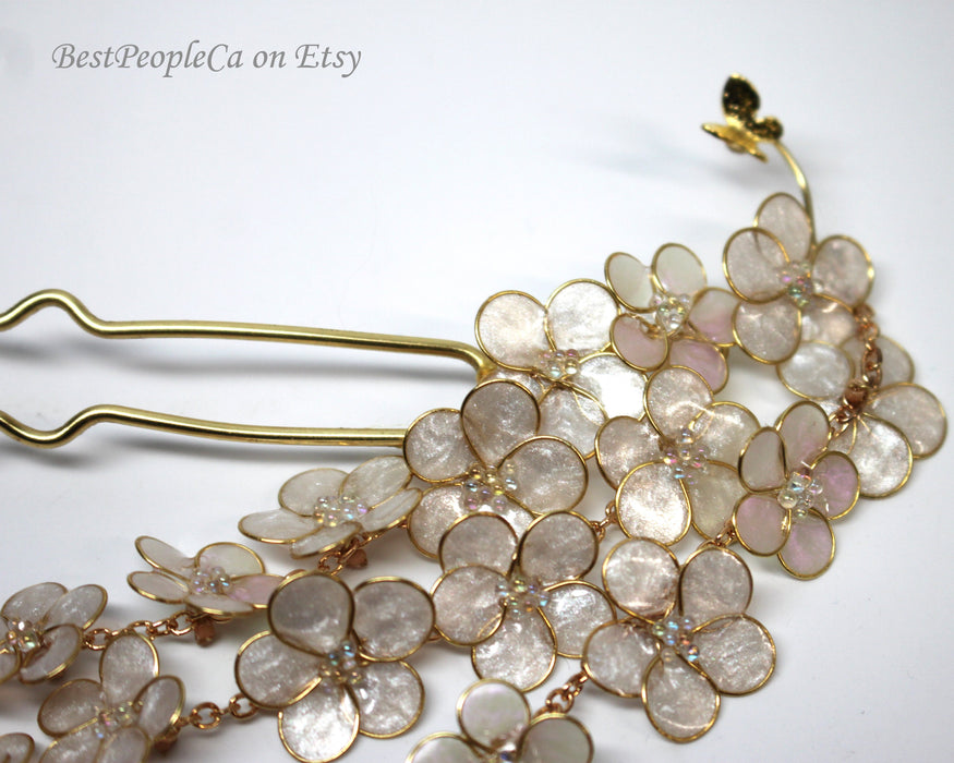 Resin Kanzashi Hair Pin: Forget Me Not Flowers, Pearl Butterfly