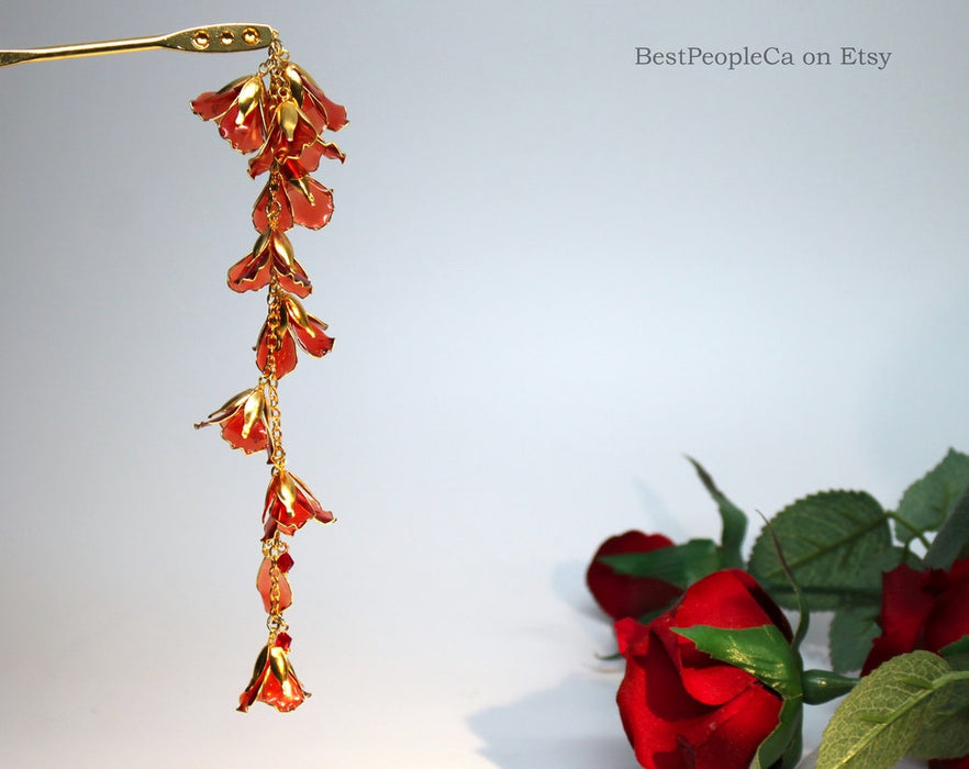 Red Resin Flower Hair Stick: Gold Kanzashi Hairpin