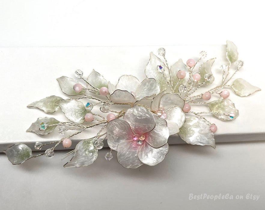 Wedding Hair Comb. Pearl Pink Flower Bridal Hairpiece