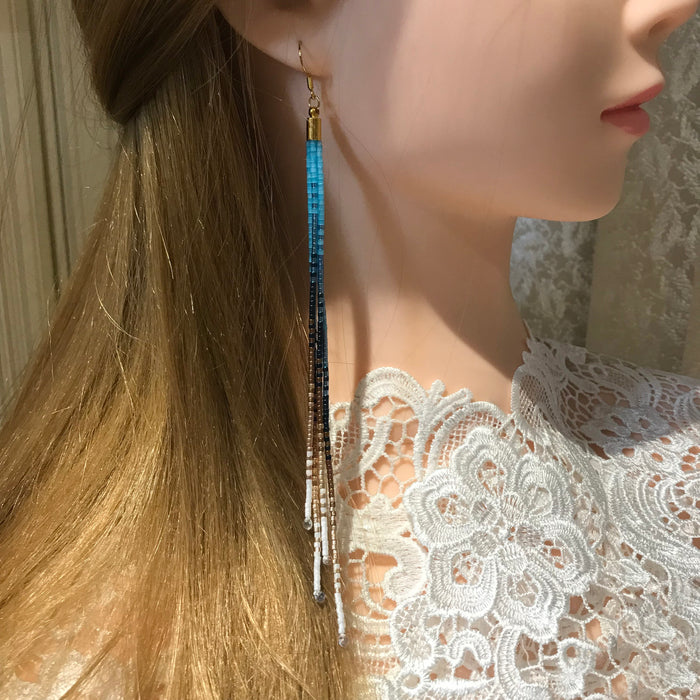 Long Beaded Tassel Earrings – Blue Ombre Statement Earrings, Lightweight Boho Jewelry