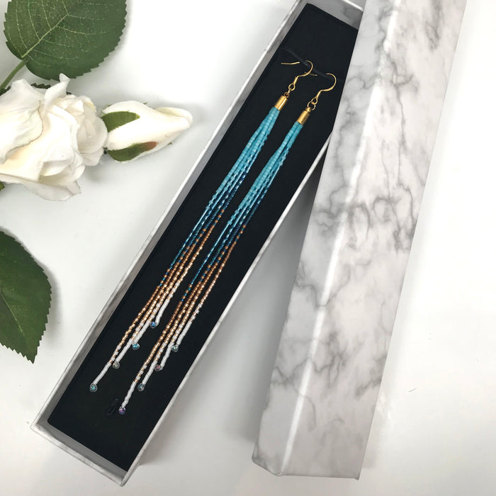 Long Beaded Tassel Earrings – Blue Ombre Statement Earrings, Lightweight Boho Jewelry