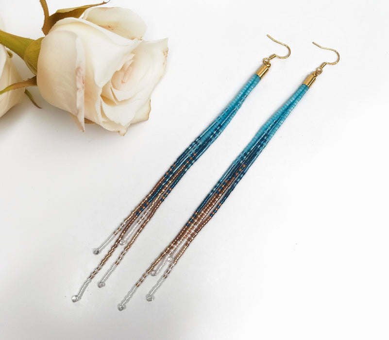 Long Beaded Tassel Earrings – Blue Ombre Statement Earrings, Lightweight Boho Jewelry