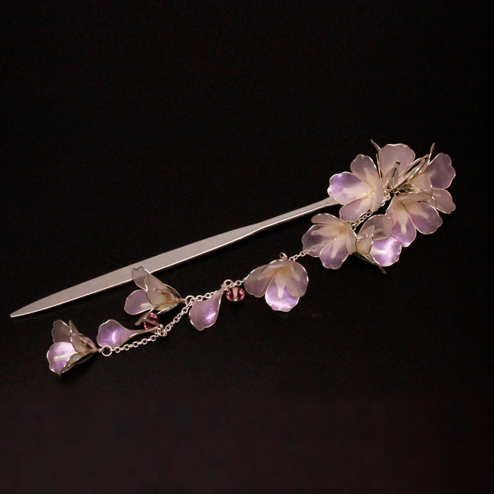 Handmade Hairpin: Iridescent Pink Flowers, Silver Accents